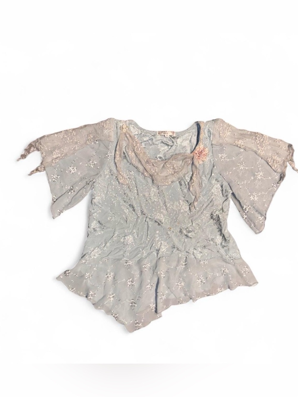 Spencer Alexis Petite Size 14 Light Blue Floral Embroidered Sheer Blouse
